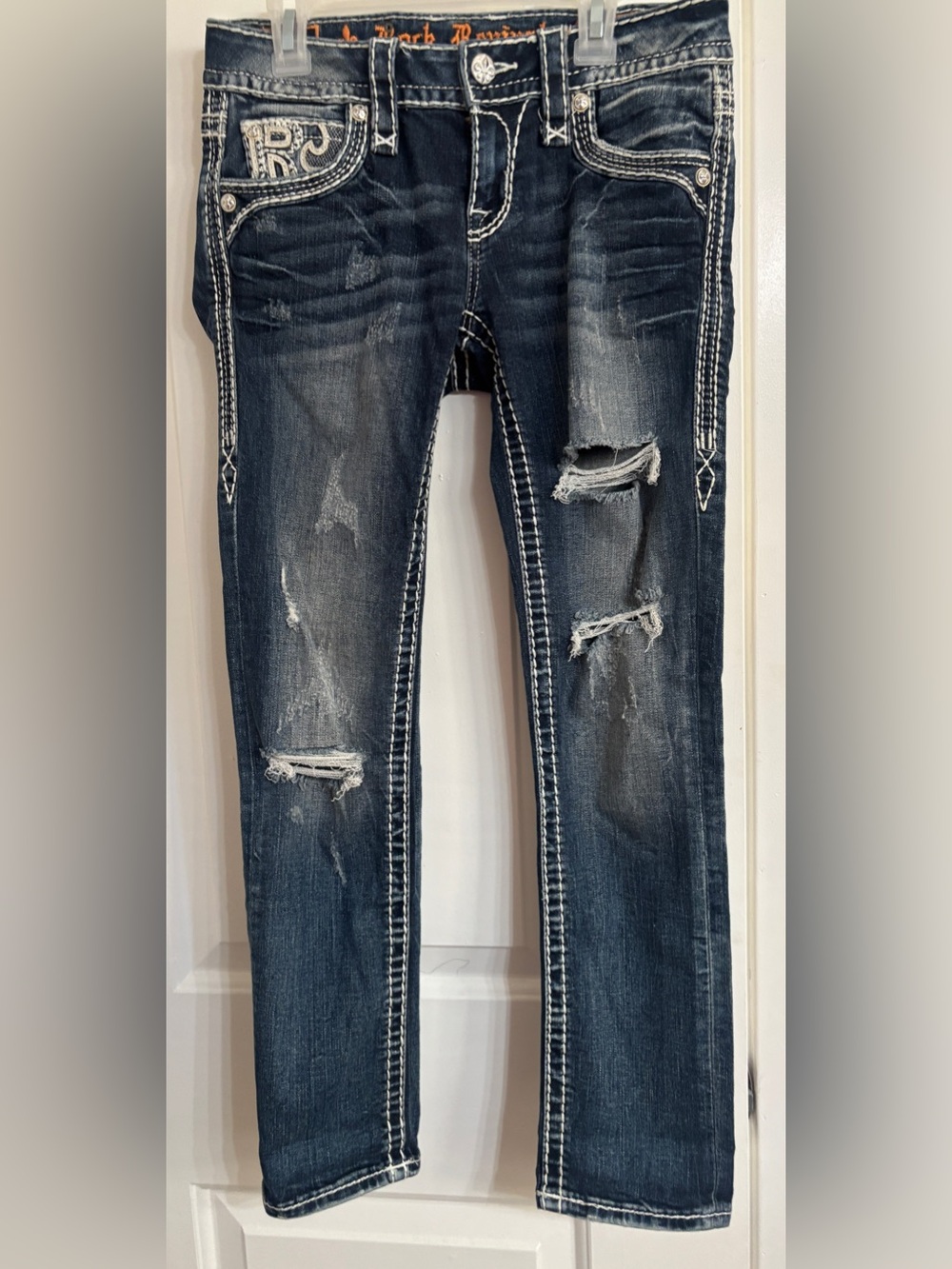Rock Revival Sundee Cropped Dark Blue Distressed and Embellished Jeans Size 25